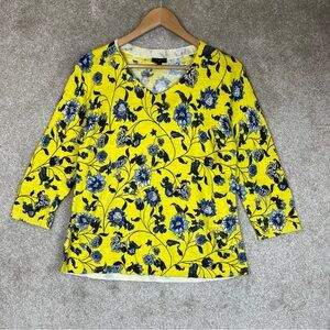 Talbots Sweater Womens Large Petite Yellow Blue Floral Cotton Lightweight- 4078